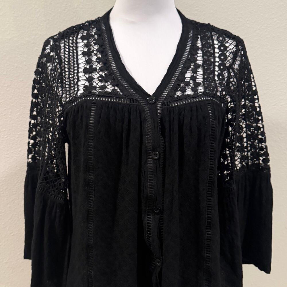 Black Lace V Neck Button Blouse Small Whimsigoth Fairy Grunge Office Boho Work - Picture 3 of 9